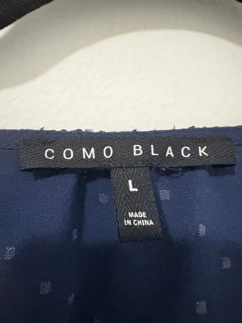 Como Black Swiss Dot Navy Blue Long Sleeve Blouse - size Large